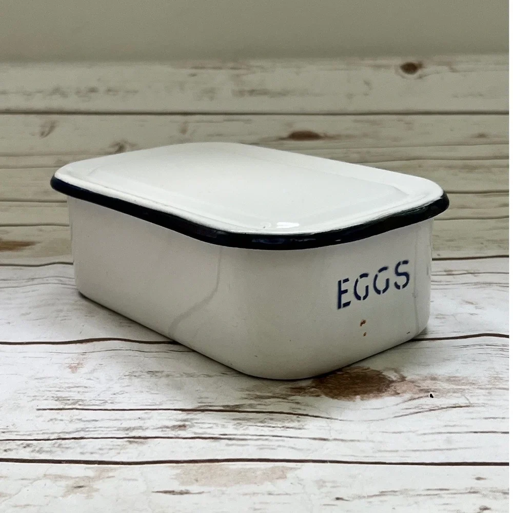 Vintage Enamelware Egg Storage Box White Navy Blue Farmhouse Kitchen Container